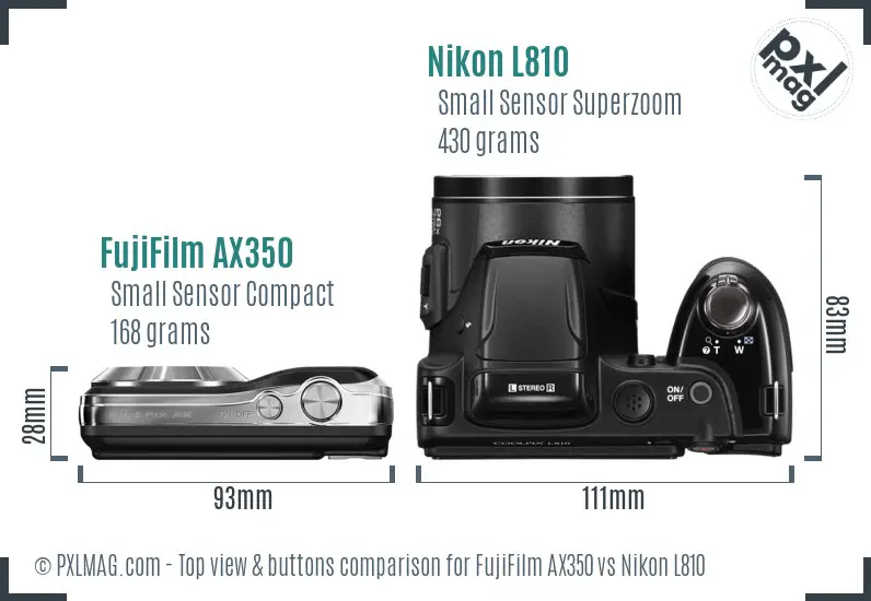 FujiFilm AX350 vs Nikon L810 top view buttons comparison