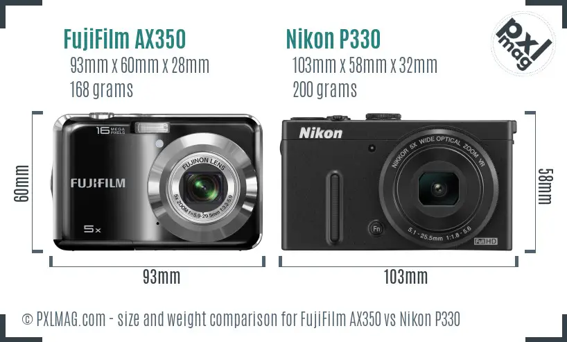 FujiFilm AX350 vs Nikon P330 size comparison FujiFilm AX350 vs Nikon P330 size comparison