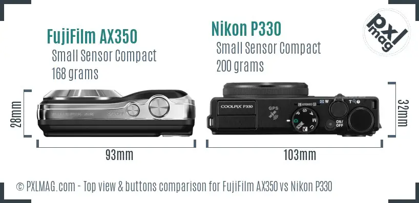 FujiFilm AX350 vs Nikon P330 top view buttons comparison FujiFilm AX350 vs Nikon P330 top view buttons comparison