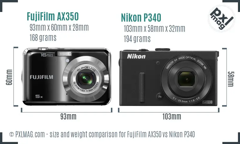 FujiFilm AX350 vs Nikon P340 size comparison