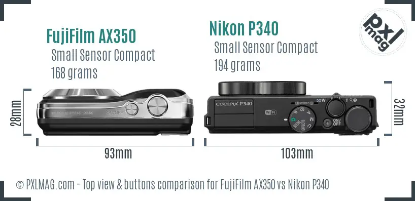 FujiFilm AX350 vs Nikon P340 top view buttons comparison
