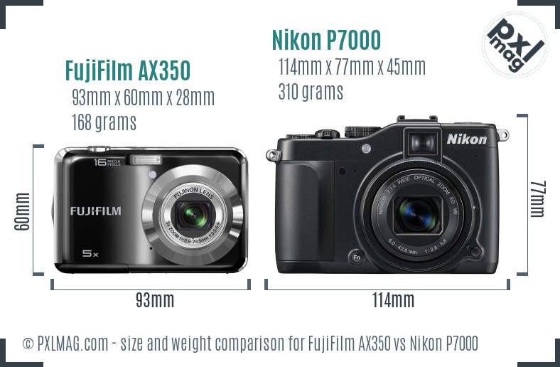 FujiFilm AX350 vs Nikon P7000 size comparison FujiFilm AX350 vs Nikon P7000 size comparison