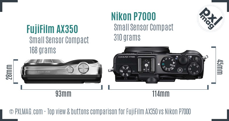 FujiFilm AX350 vs Nikon P7000 top view buttons comparison