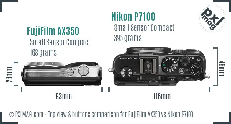 FujiFilm AX350 vs Nikon P7100 top view buttons comparison FujiFilm AX350 vs Nikon P7100 top view buttons comparison