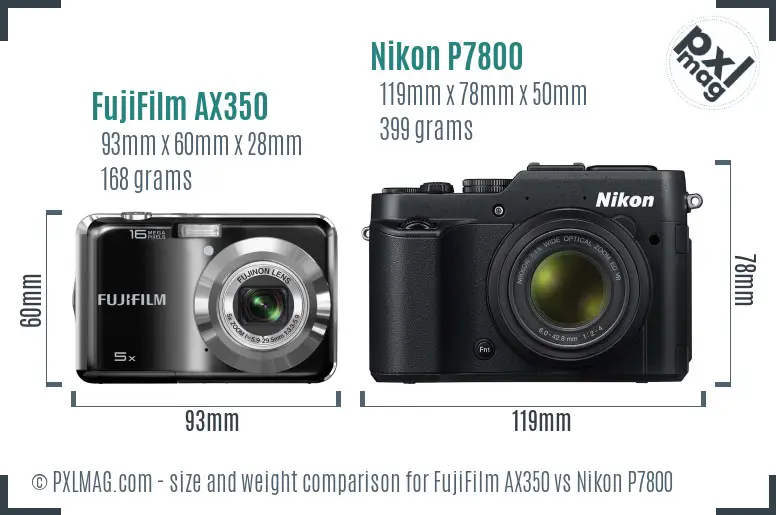 FujiFilm AX350 vs Nikon P7800 size comparison