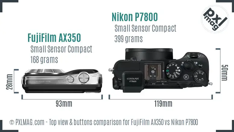 FujiFilm AX350 vs Nikon P7800 top view buttons comparison