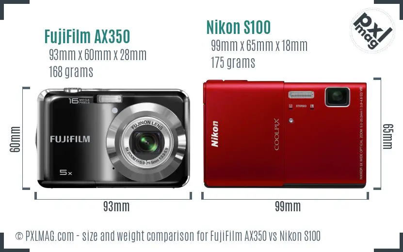 FujiFilm AX350 vs Nikon S100 size comparison