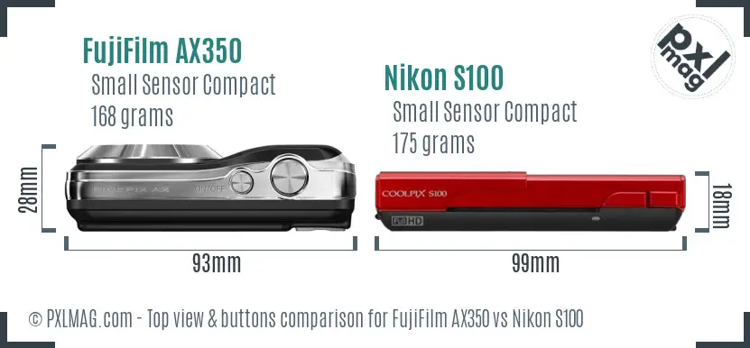 FujiFilm AX350 vs Nikon S100 top view buttons comparison