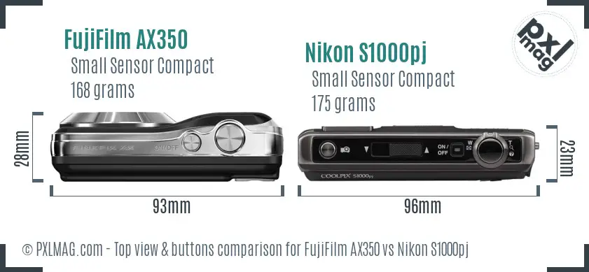 FujiFilm AX350 vs Nikon S1000pj top view buttons comparison