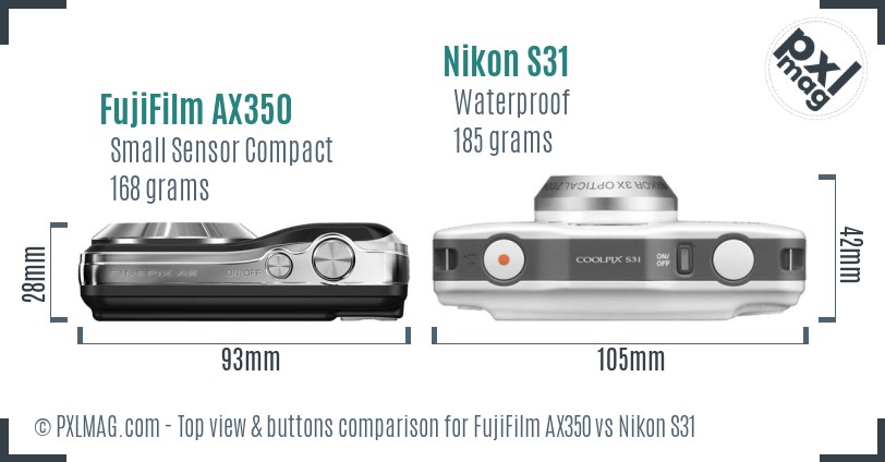 FujiFilm AX350 vs Nikon S31 top view buttons comparison