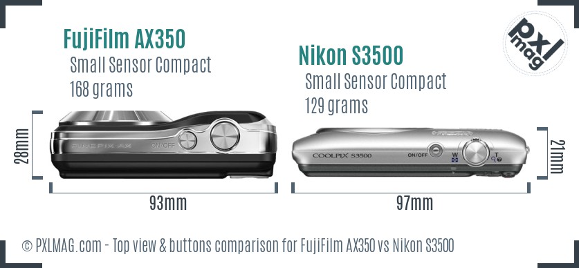 FujiFilm AX350 vs Nikon S3500 top view buttons comparison