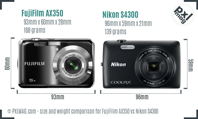 FujiFilm AX350 vs Nikon S4300 size comparison