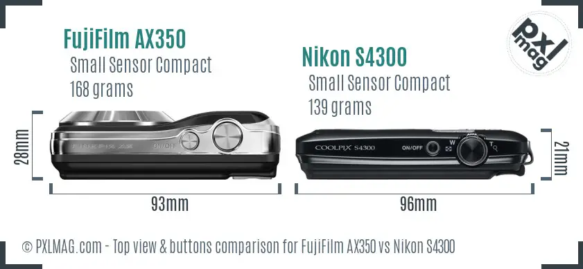 FujiFilm AX350 vs Nikon S4300 top view buttons comparison