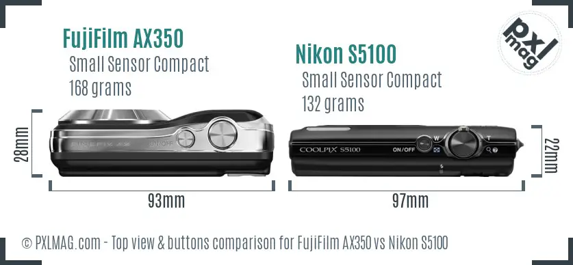 FujiFilm AX350 vs Nikon S5100 top view buttons comparison FujiFilm AX350 vs Nikon S5100 top view buttons comparison
