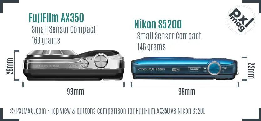 FujiFilm AX350 vs Nikon S5200 top view buttons comparison