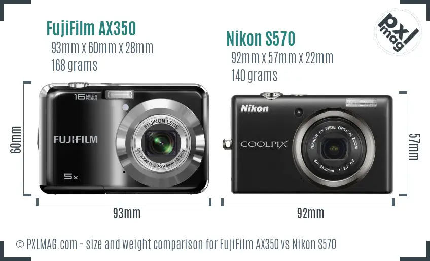 FujiFilm AX350 vs Nikon S570 size comparison
