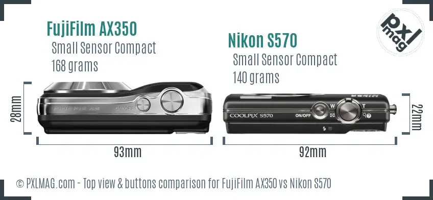 FujiFilm AX350 vs Nikon S570 top view buttons comparison