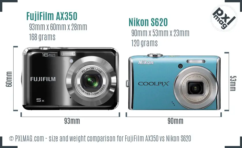 FujiFilm AX350 vs Nikon S620 size comparison
