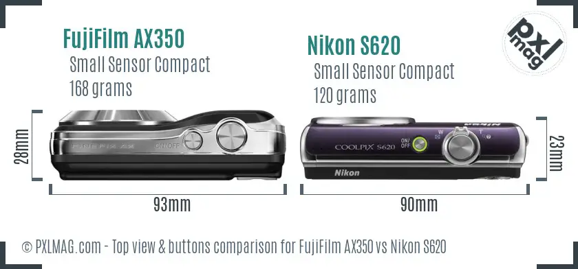 FujiFilm AX350 vs Nikon S620 top view buttons comparison