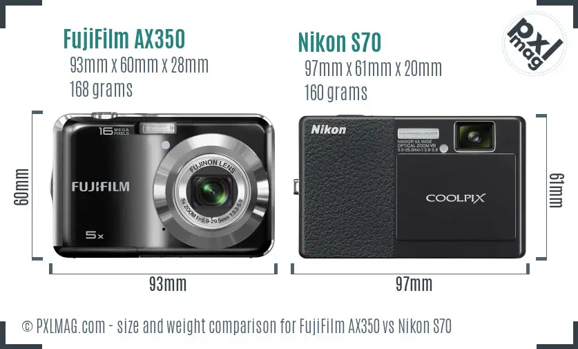 FujiFilm AX350 vs Nikon S70 size comparison