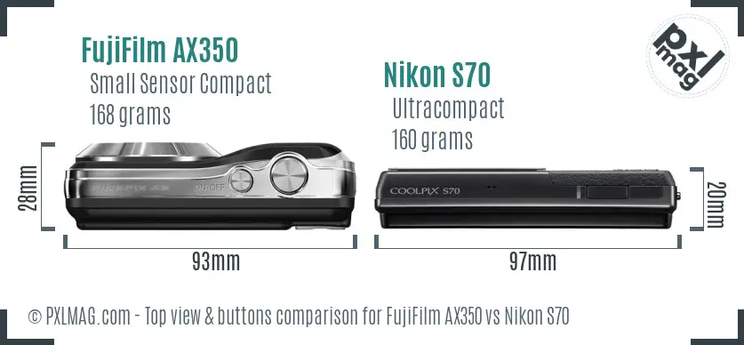 FujiFilm AX350 vs Nikon S70 top view buttons comparison