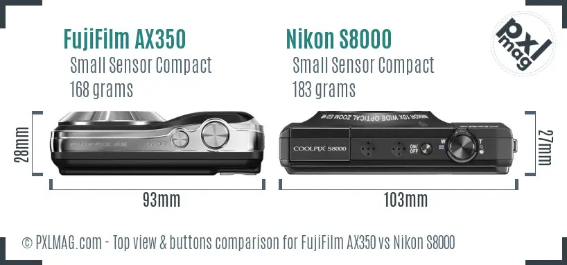 FujiFilm AX350 vs Nikon S8000 top view buttons comparison FujiFilm AX350 vs Nikon S8000 top view buttons comparison