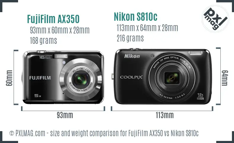 FujiFilm AX350 vs Nikon S810c size comparison