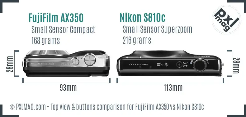 FujiFilm AX350 vs Nikon S810c top view buttons comparison