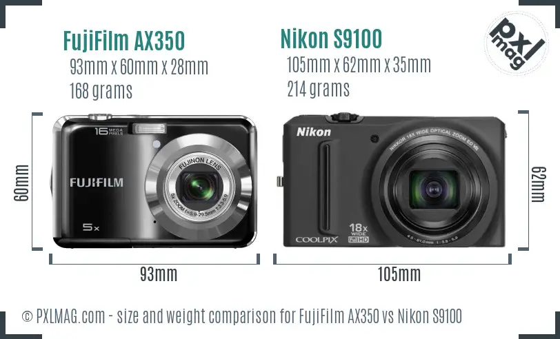 FujiFilm AX350 vs Nikon S9100 size comparison