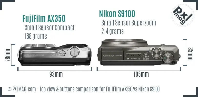 FujiFilm AX350 vs Nikon S9100 top view buttons comparison
