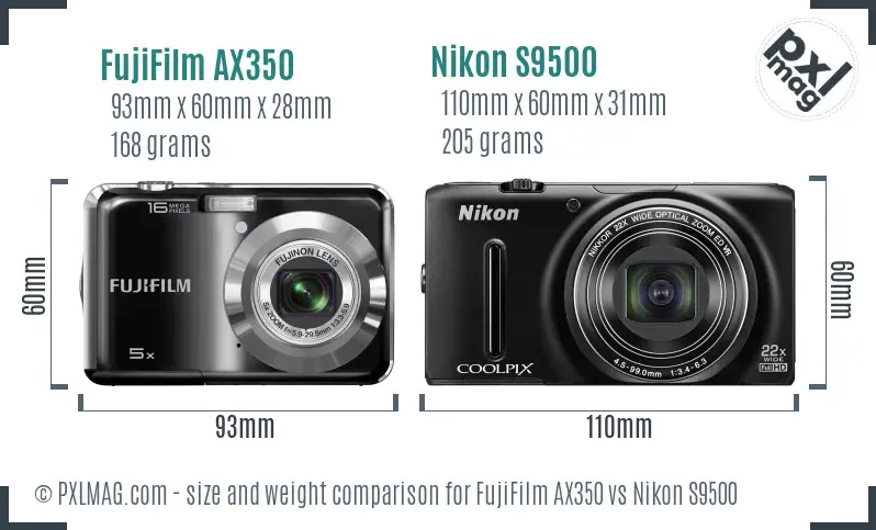 FujiFilm AX350 vs Nikon S9500 size comparison