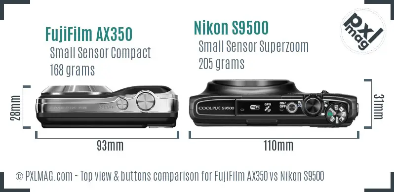 FujiFilm AX350 vs Nikon S9500 top view buttons comparison