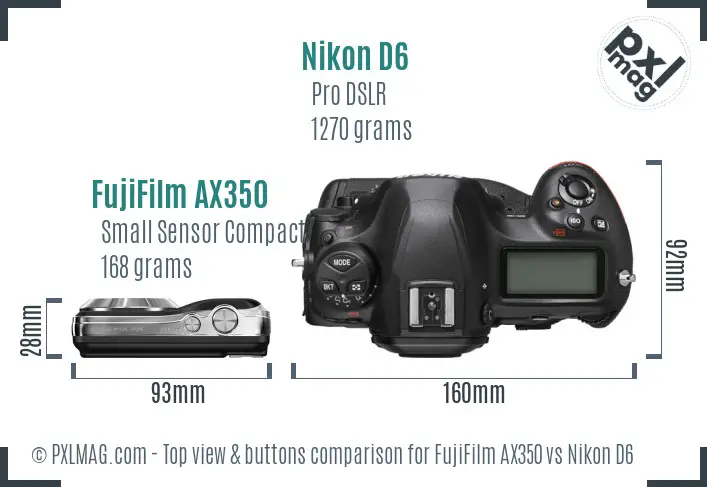 FujiFilm AX350 vs Nikon D6 top view buttons comparison