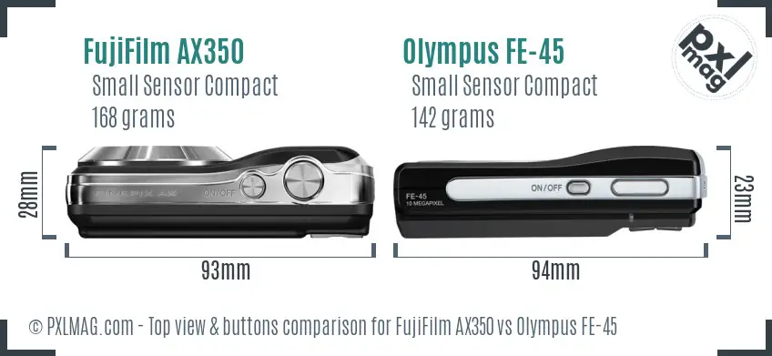 FujiFilm AX350 vs Olympus FE-45 top view buttons comparison FujiFilm AX350 vs Olympus FE-45 top view buttons comparison