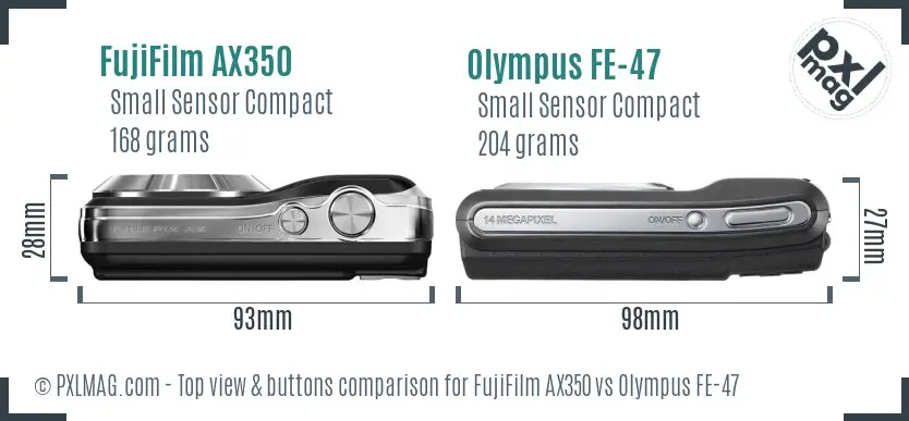 FujiFilm AX350 vs Olympus FE-47 top view buttons comparison FujiFilm AX350 vs Olympus FE-47 top view buttons comparison