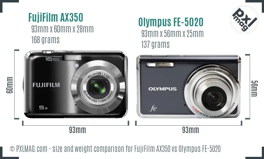 FujiFilm AX350 vs Olympus FE-5020 size comparison