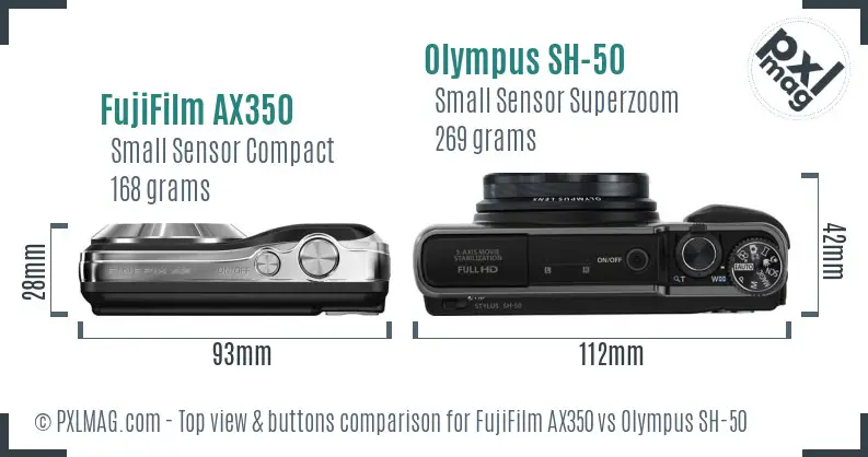 FujiFilm AX350 vs Olympus SH-50 top view buttons comparison