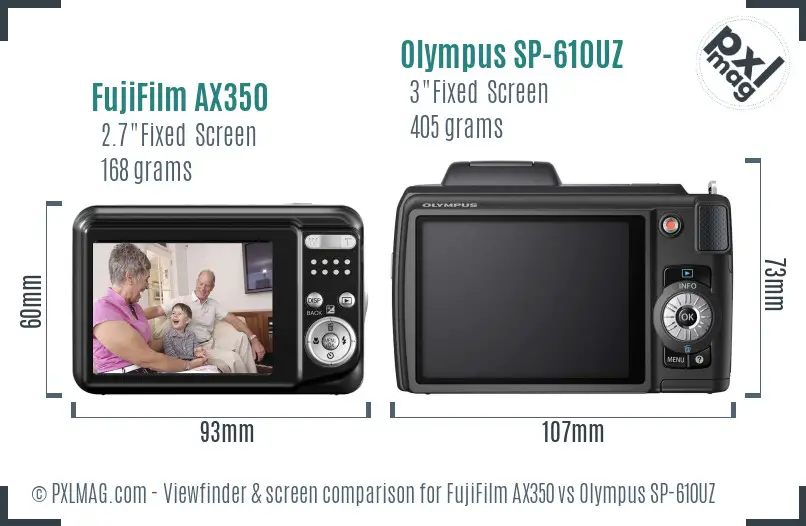 FujiFilm AX350 vs Olympus SP-610UZ Screen and Viewfinder comparison