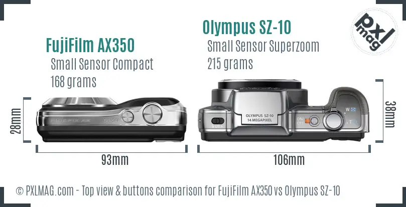 FujiFilm AX350 vs Olympus SZ-10 top view buttons comparison