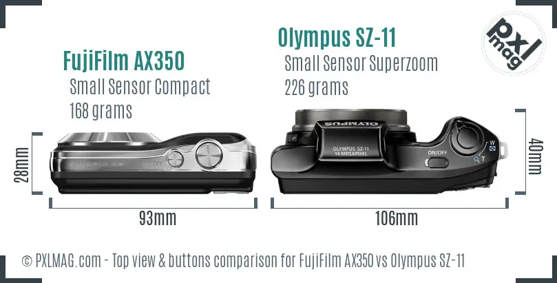 FujiFilm AX350 vs Olympus SZ-11 top view buttons comparison