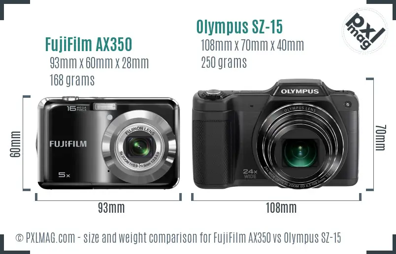FujiFilm AX350 vs Olympus SZ-15 size comparison FujiFilm AX350 vs Olympus SZ-15 size comparison