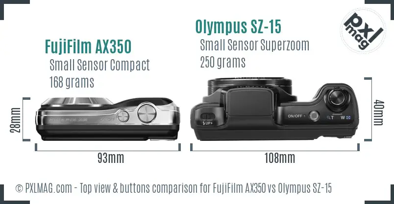 FujiFilm AX350 vs Olympus SZ-15 top view buttons comparison FujiFilm AX350 vs Olympus SZ-15 top view buttons comparison