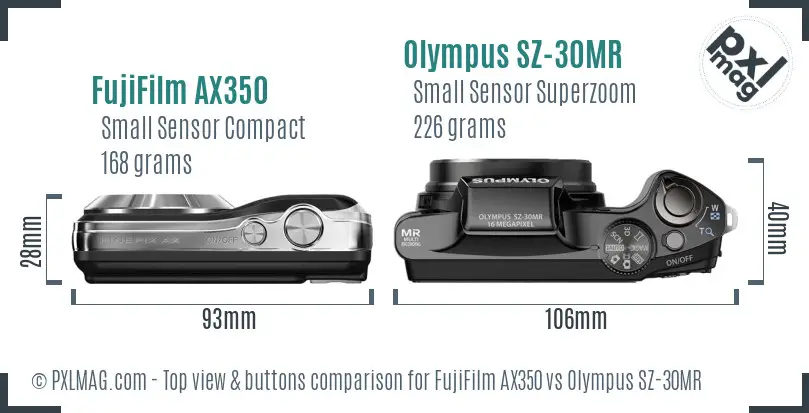 FujiFilm AX350 vs Olympus SZ-30MR top view buttons comparison