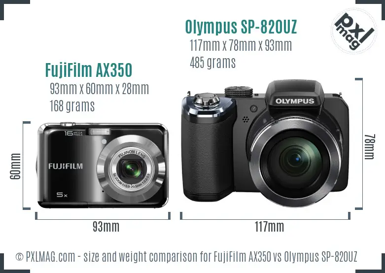 FujiFilm AX350 vs Olympus SP-820UZ size comparison FujiFilm AX350 vs Olympus SP-820UZ size comparison