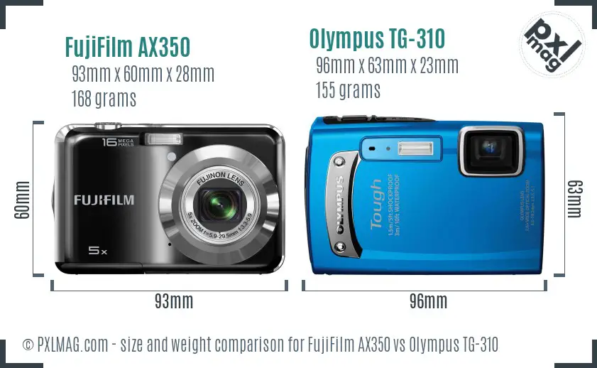 FujiFilm AX350 vs Olympus TG-310 size comparison