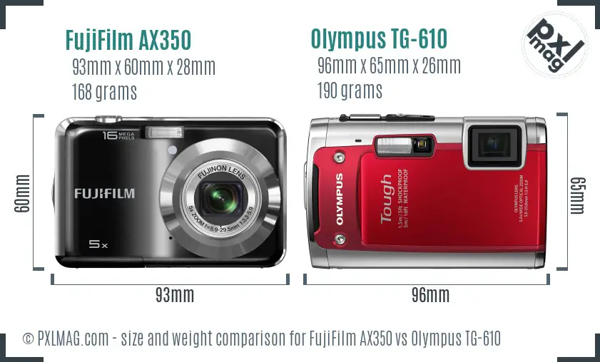 FujiFilm AX350 vs Olympus TG-610 size comparison
