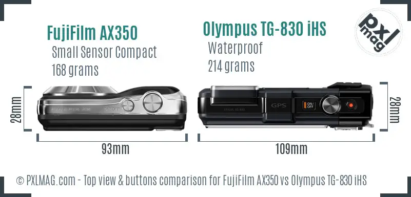 FujiFilm AX350 vs Olympus TG-830 iHS top view buttons comparison FujiFilm AX350 vs Olympus TG-830 iHS top view buttons comparison