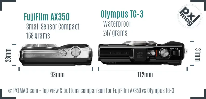 FujiFilm AX350 vs Olympus TG-3 top view buttons comparison FujiFilm AX350 vs Olympus TG-3 top view buttons comparison