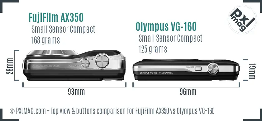 FujiFilm AX350 vs Olympus VG-160 top view buttons comparison FujiFilm AX350 vs Olympus VG-160 top view buttons comparison