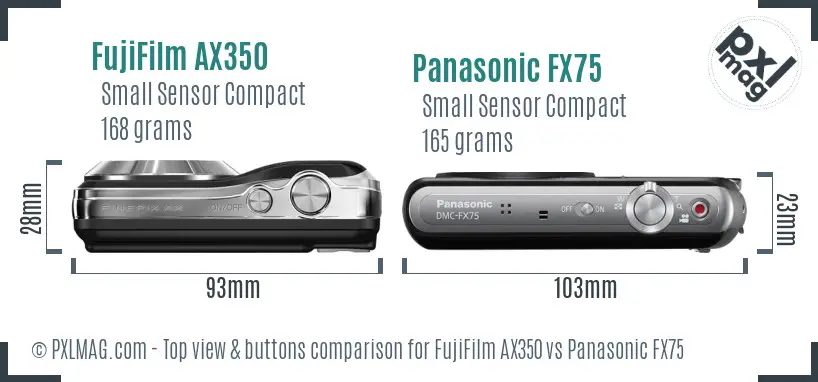 FujiFilm AX350 vs Panasonic FX75 top view buttons comparison FujiFilm AX350 vs Panasonic FX75 top view buttons comparison